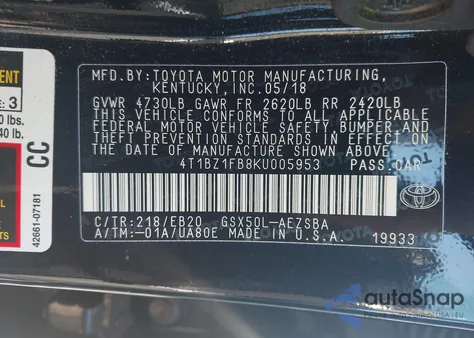 2019 Toyota Avalon Touring from USA, damaged, VIN 4T1BZ1FB8KU005953